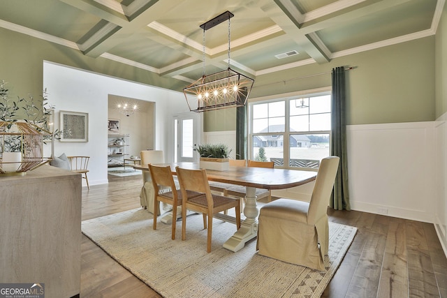 dining space featuring coffered ceiling, visible vents, an inviting chandelier, and wood finished floors