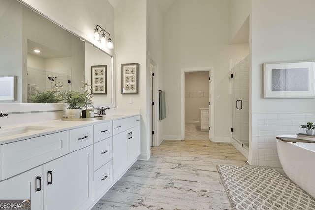 full bath featuring double vanity, a sink, a walk in closet, and a shower stall