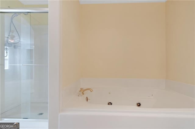 bathroom featuring a shower stall and a tub with jets