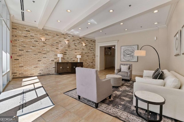 living room with brick wall, ornamental molding, beamed ceiling, and recessed lighting