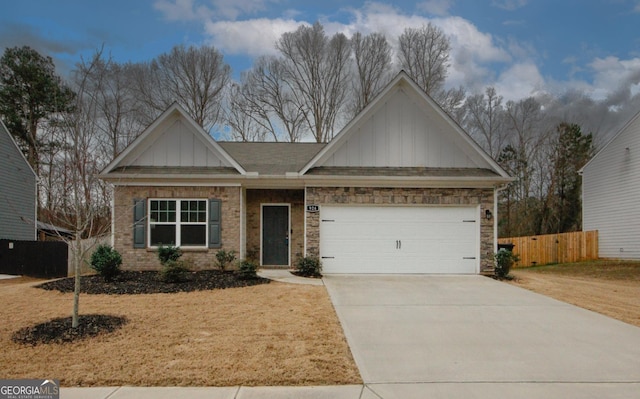 view of front facade with an attached garage, brick siding, fence, concrete driveway, and board and batten siding