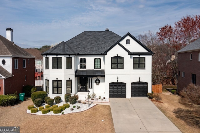 french country inspired facade with driveway, a standing seam roof, an attached garage, stucco siding, and metal roof