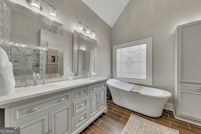 bathroom with lofted ceiling, wood finish floors, a sink, and a shower stall