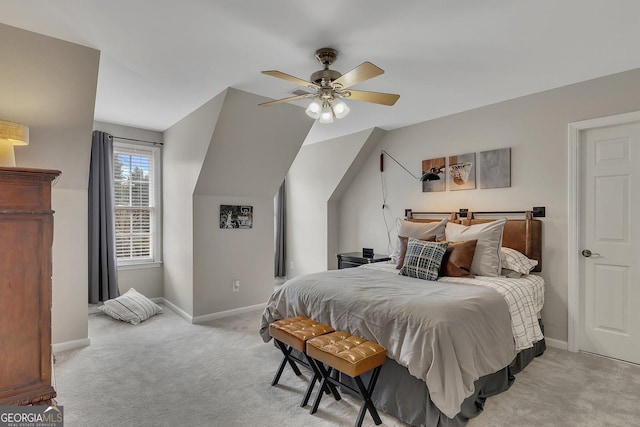 bedroom with baseboards, a ceiling fan, and light colored carpet