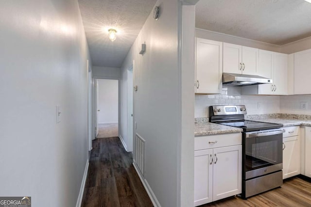 kitchen with tasteful backsplash, white cabinets, wood finished floors, stainless steel range with electric stovetop, and under cabinet range hood