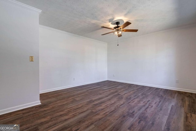 spare room with a textured ceiling, ceiling fan, crown molding, and dark wood-style flooring