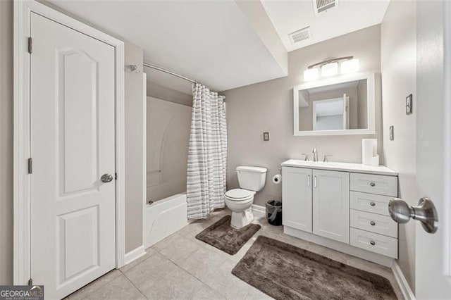 full bath featuring shower / bath combo, tile patterned flooring, visible vents, and vanity