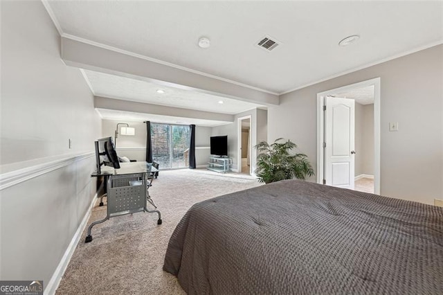 bedroom with visible vents, ornamental molding, baseboards, and light colored carpet