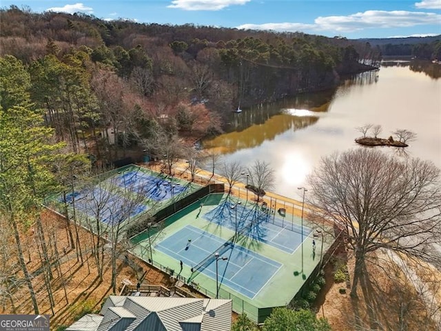 bird's eye view featuring a water view and a view of trees