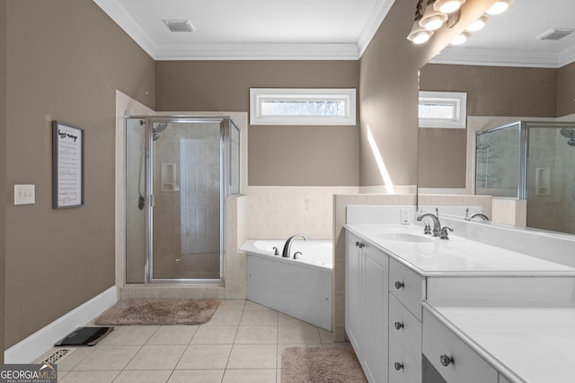 bathroom featuring vanity, visible vents, ornamental molding, tile patterned floors, and a stall shower