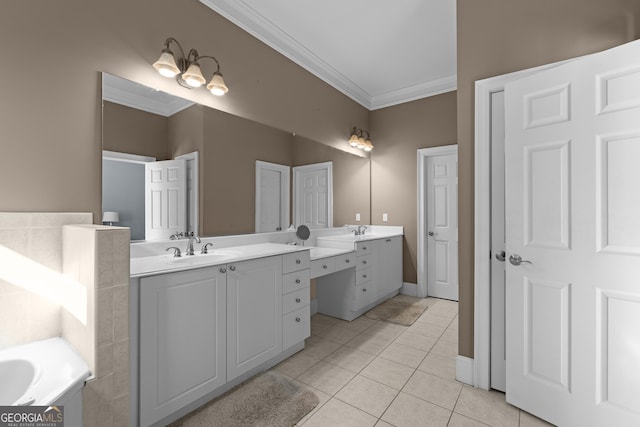 full bath featuring crown molding, tile patterned floors, double vanity, and a sink
