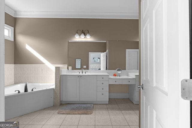 bathroom featuring a garden tub, ornamental molding, tile patterned flooring, and vanity