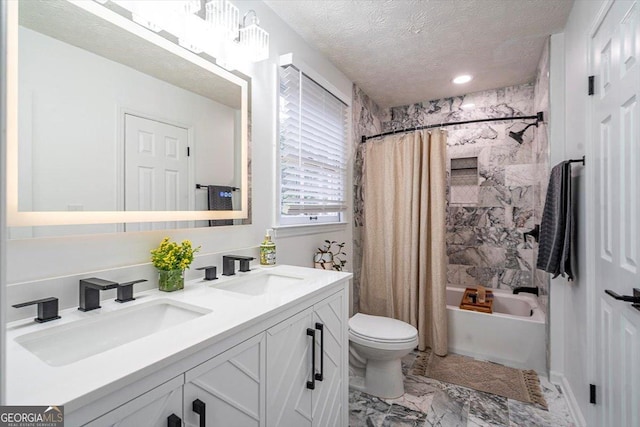 bathroom featuring toilet, a textured ceiling, a sink, and shower / tub combo with curtain