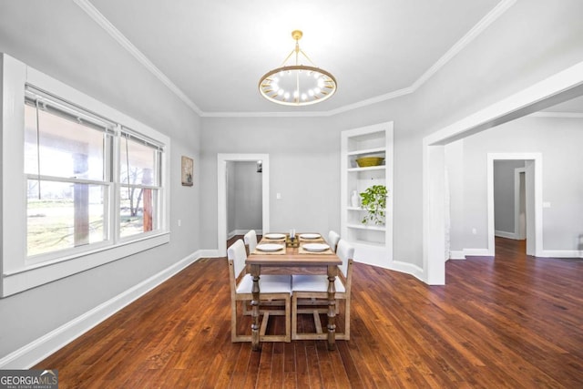 dining space with built in shelves, baseboards, a chandelier, and dark wood-type flooring