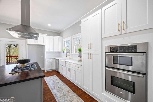 kitchen featuring island range hood, white cabinets, butcher block countertops, a center island, and stainless steel appliances