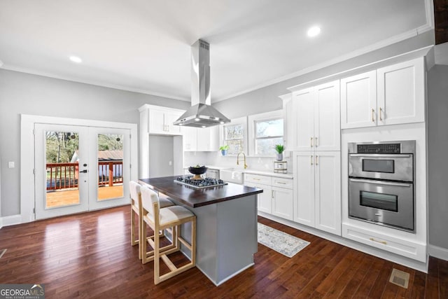 4901 Macon Hwy, Bishop, GA 30621 - kitchen featuring island exhaust hood, appliances with stainless steel finishes, white cabinets, dark wood-style floors, and french doors