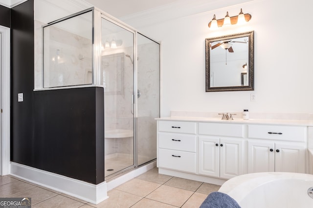 bathroom featuring ornamental molding, a shower stall, vanity, and tile patterned floors