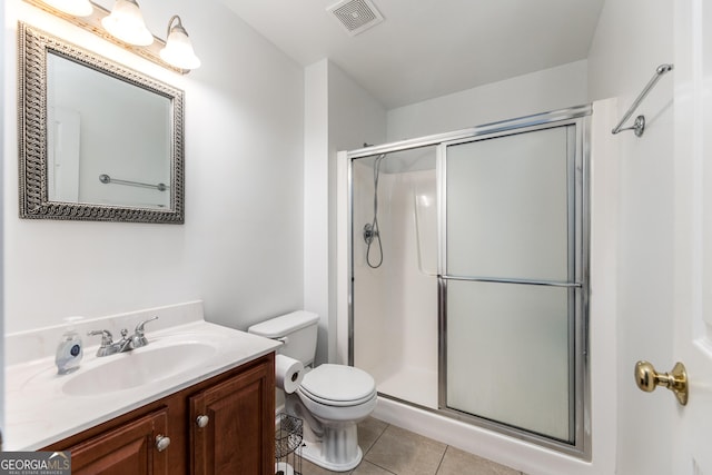 bathroom with visible vents, toilet, a stall shower, vanity, and tile patterned floors