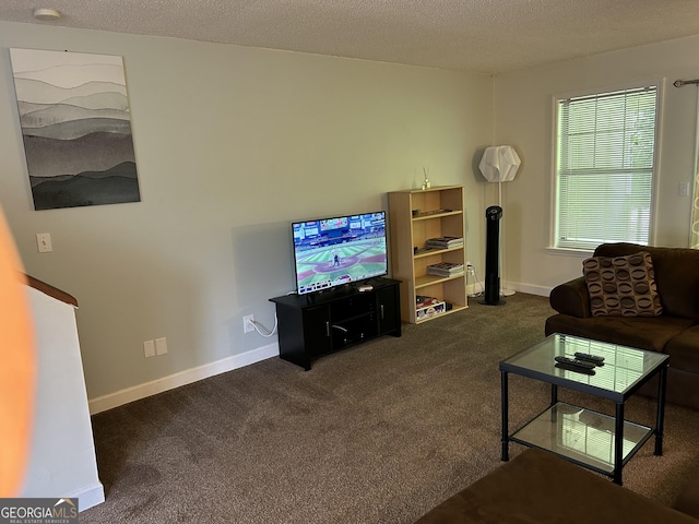 living room with baseboards, dark colored carpet, and a textured ceiling