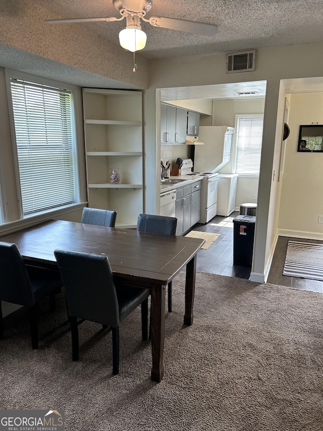 dining area featuring baseboards, visible vents, a ceiling fan, light colored carpet, and a textured ceiling