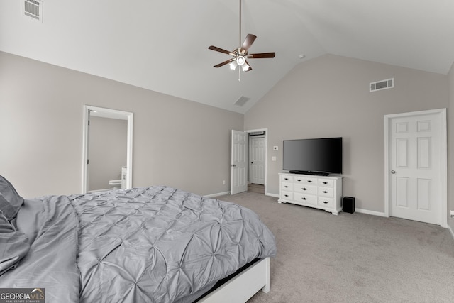 bedroom with light carpet, high vaulted ceiling, visible vents, and baseboards