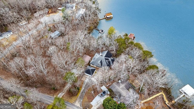 aerial view featuring a water view