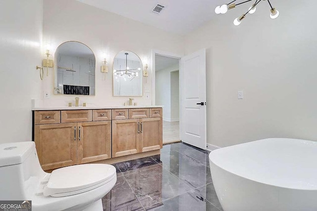 full bathroom featuring marble finish floor, double vanity, visible vents, toilet, and a sink