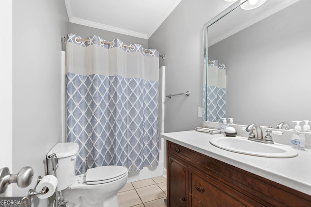 bathroom featuring tile patterned flooring, toilet, vanity, ornamental molding, and a shower with curtain