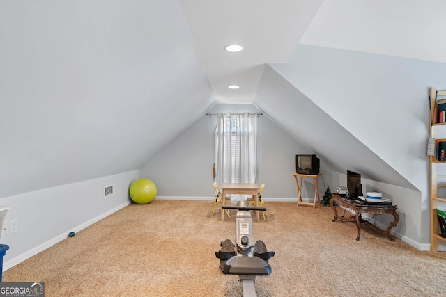 workout room with baseboards, visible vents, lofted ceiling, carpet flooring, and recessed lighting