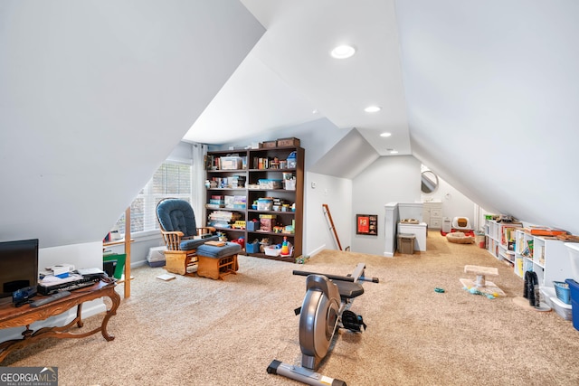 interior space with carpet, vaulted ceiling, baseboards, and recessed lighting