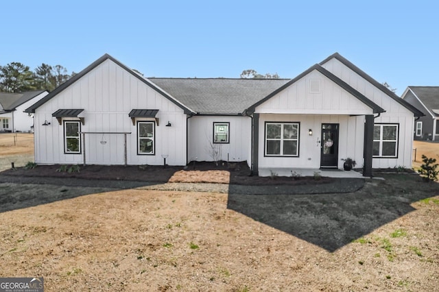 modern inspired farmhouse with board and batten siding