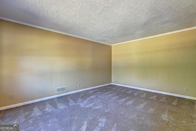 carpeted spare room with crown molding, a textured ceiling, visible vents, and baseboards