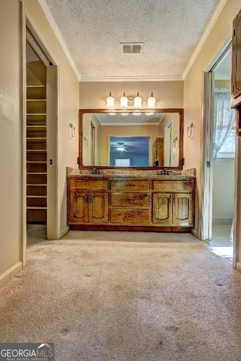 bathroom with visible vents, crown molding, a textured ceiling, and double vanity