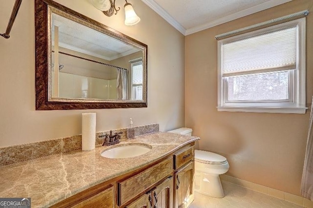 bathroom featuring toilet, vanity, baseboards, ornamental molding, and a shower with curtain