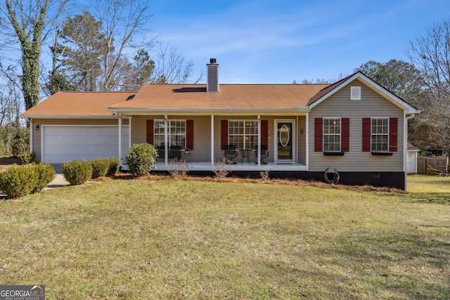 ranch-style home with an attached garage, covered porch, crawl space, a front lawn, and a chimney