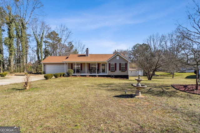 ranch-style house with an attached garage, covered porch, driveway, a chimney, and a front yard