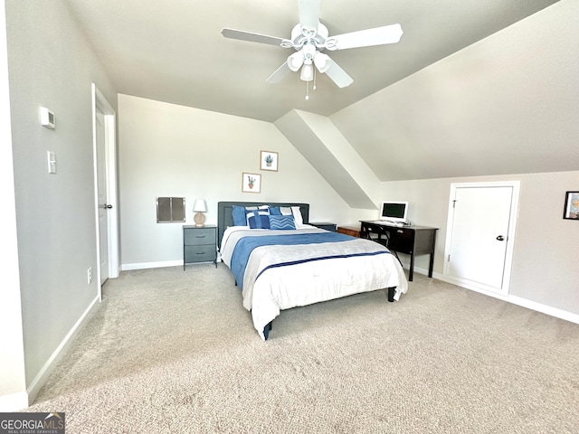 carpeted bedroom with a ceiling fan, lofted ceiling, visible vents, and baseboards