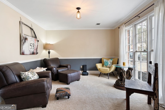 living area featuring light carpet, baseboards, visible vents, and crown molding