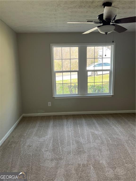 empty room featuring carpet floors, plenty of natural light, a textured ceiling, and baseboards