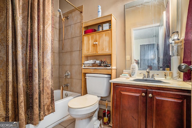 full bath featuring tile patterned floors, vanity, toilet, and shower / bathtub combination with curtain