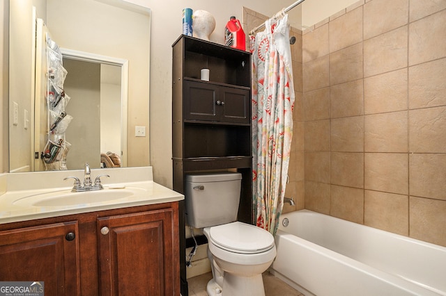 full bath featuring vanity, toilet, and shower / tub combo with curtain