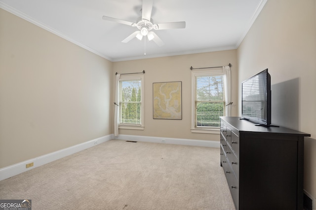 office featuring ornamental molding, a wealth of natural light, and light colored carpet