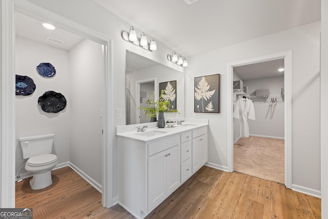 bathroom featuring double vanity, wood finished floors, and a sink