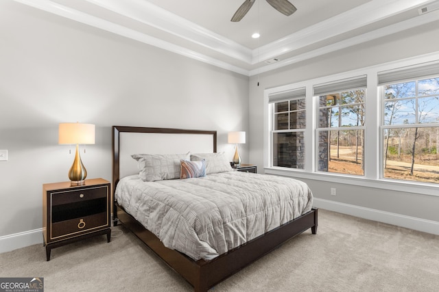 bedroom featuring recessed lighting, a raised ceiling, visible vents, light carpet, and baseboards