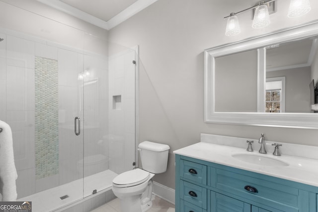 full bath featuring toilet, vanity, baseboards, ornamental molding, and a stall shower