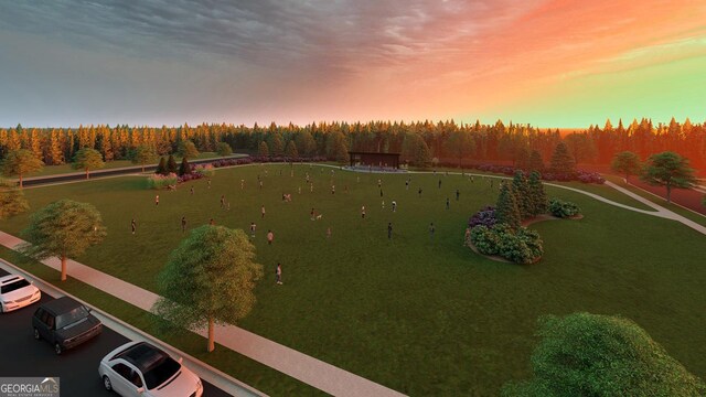 aerial view at dusk featuring a view of trees