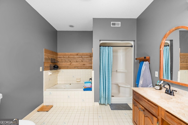 bathroom featuring tile patterned floors, vanity, baseboards, visible vents, and a shower with curtain