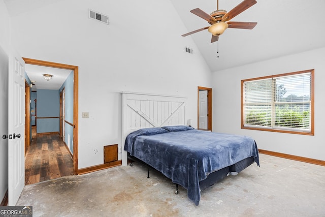 bedroom with high vaulted ceiling, visible vents, and baseboards