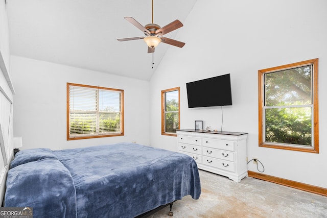 bedroom featuring a ceiling fan, high vaulted ceiling, and baseboards