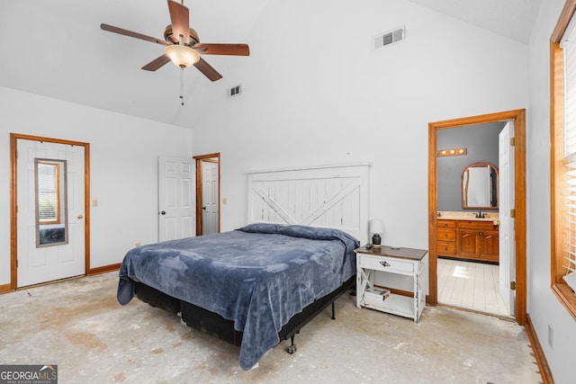 bedroom featuring high vaulted ceiling, concrete floors, visible vents, and baseboards